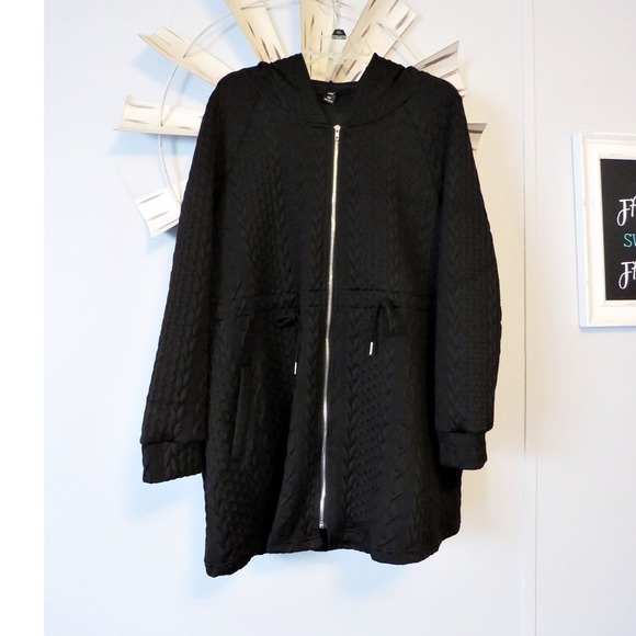 Black Cable Knit Hooded Zip-Up Sweater Coat by Shein Curve Women's 2X - Picture 6 of 15